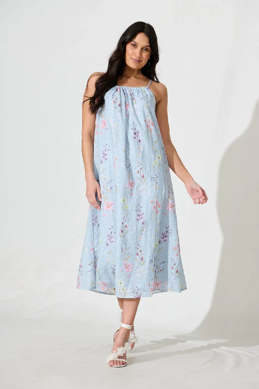 Sunetta Midi Sundress in Pale Blue Floral Textured Broderie