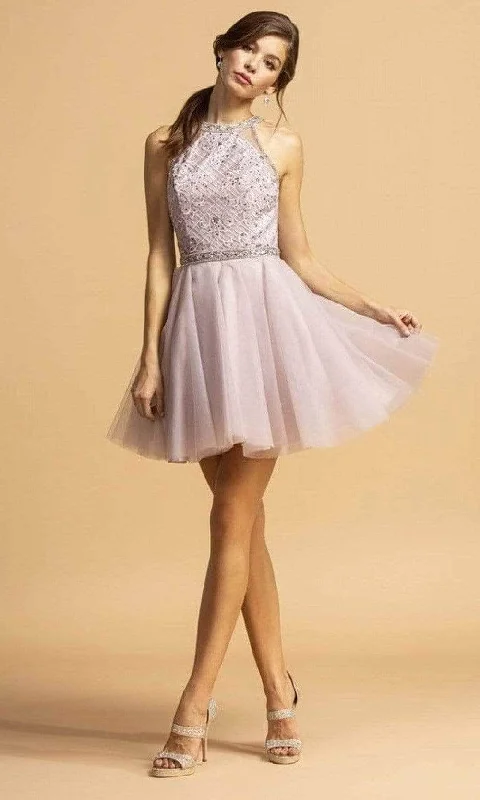 Aspeed Design - Embellished Halter Tulle Cocktail Dress S2095