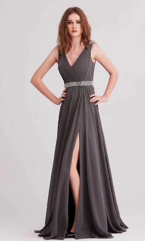 J'Adore Dresses - J15002 Pleated V Neck Beaded Chiffon A-line Gown