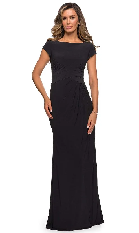 La Femme - 28026 Bateau Neck Cap Sleeve Sleek Jersey Long Dress