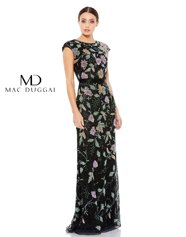 Mac Duggal 5229 Long Formal Cap Sleeve Floral Dress