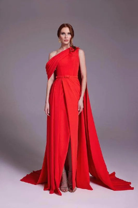 MNM Couture N0551 - Asymmetric Crepe Gown with Cape