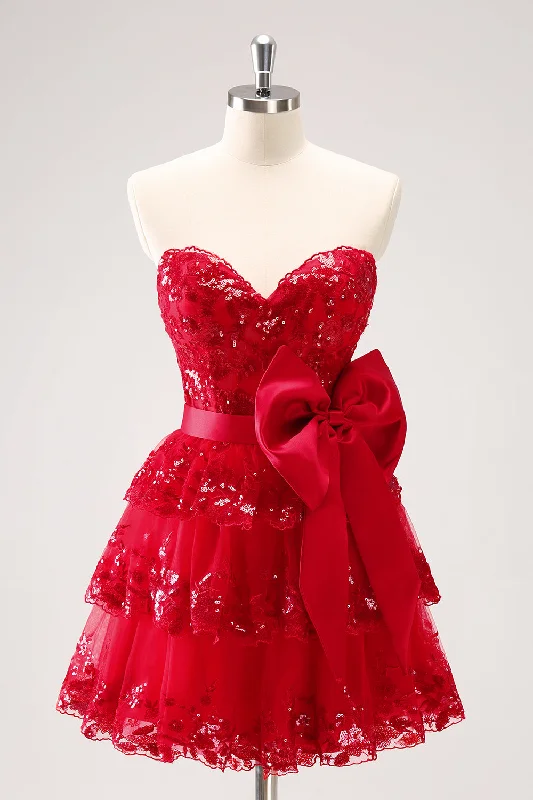 Sparkly Red A-Line Strapless Tiered Sequins Homecoming Dress with Bow