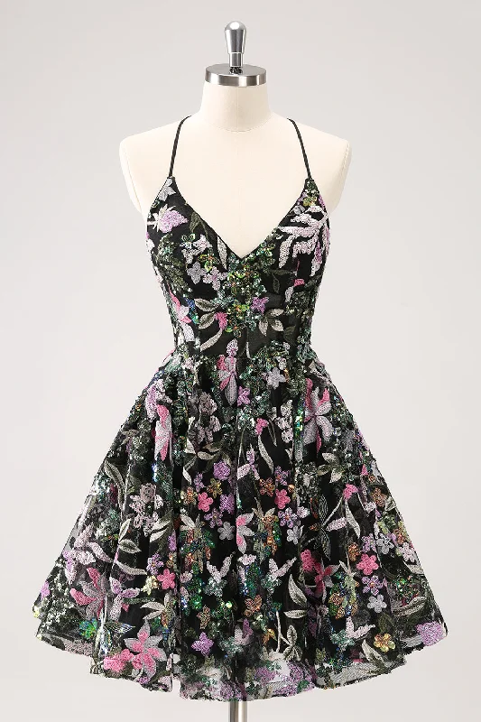 Sparkly Black A Line Floral Short Homecoming Dress with Sequins