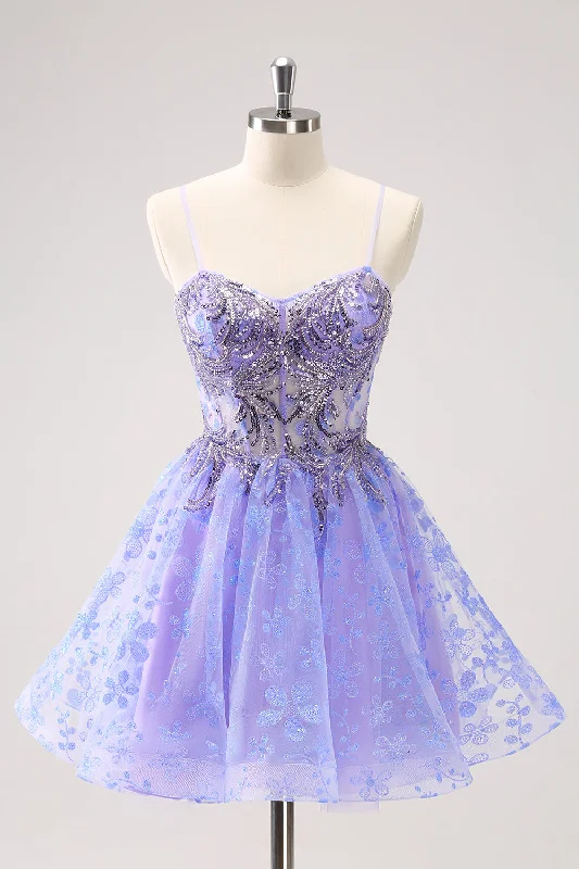 Sparkly Lilac A Line Spaghetti Straps Short Homecoming Dress with Sequins