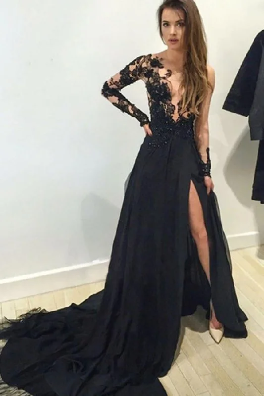 A-line Appliques Black Long Sleeves Prom Dress Evening Gown PG320