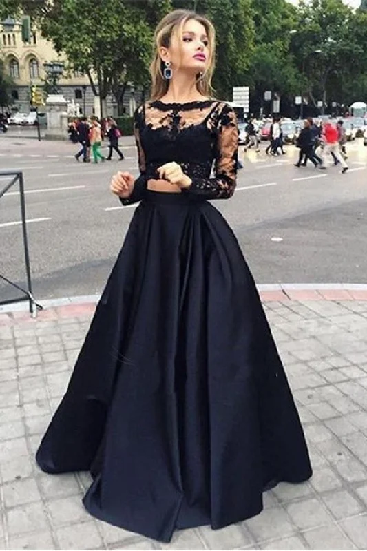 Bateau Neck Two Piece Black Long Sleeves Prom Dress PG319