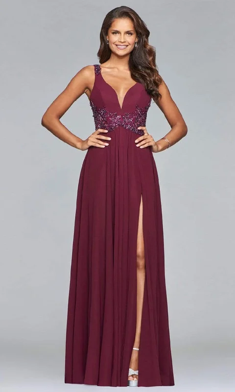 Faviana -10102 Beaded Plunging V Neck Chiffon Dress