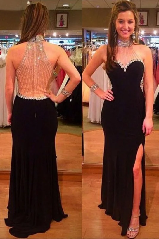 Halter Split Black Long Prom Dress With Beading Rhinestones PG281