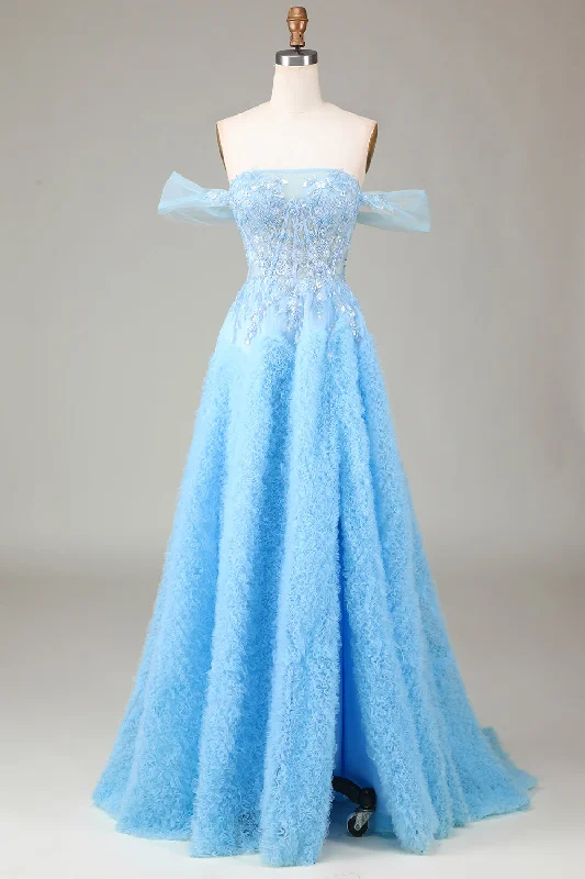 Off the Shoulder Blue A Line Princess Corset Prom Dress with Slit