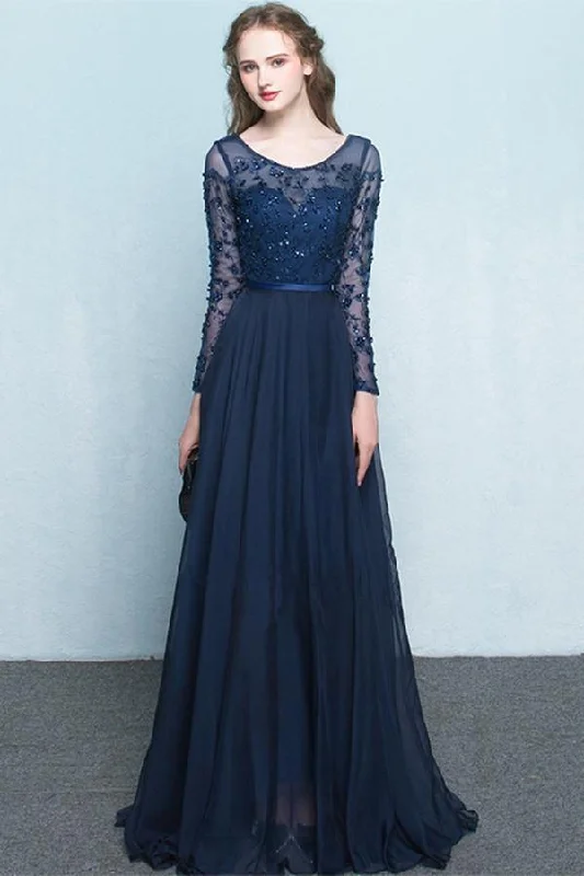 Scoop Chiffon Neck Long Sleeves Beading Evening Dress Prom Dress PG322