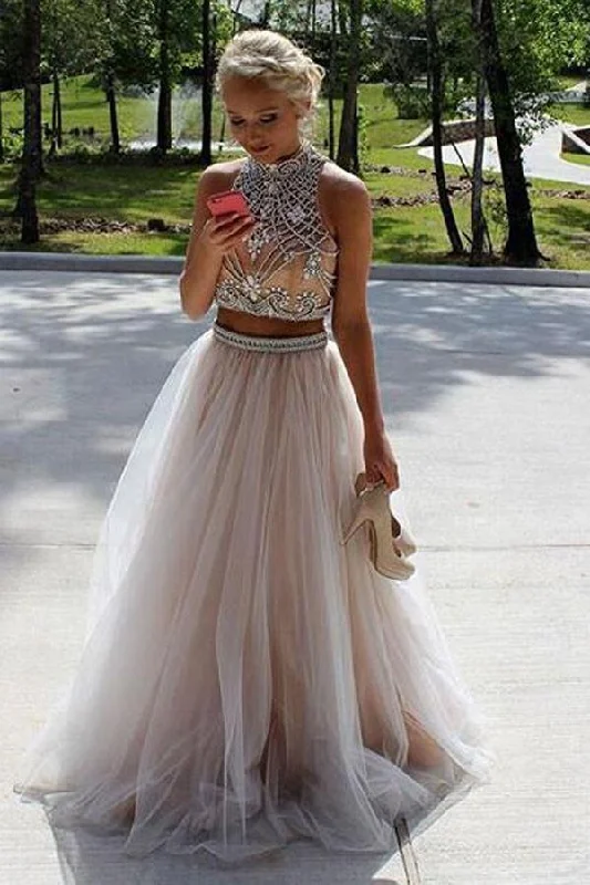 Two Piece High Neck Sleeveless Floor-Length  Prom Dresses Evening Dresses PG371