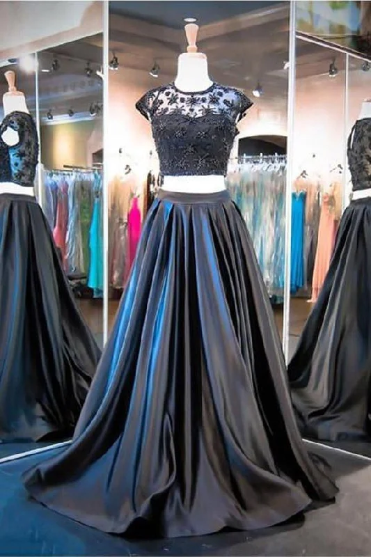 Two Piece A-line Black Cap Sleeve Prom Dresses Evening Dresses PG291