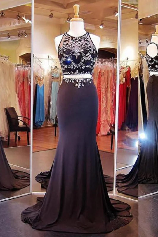 Two Piece Mermaid Black Prom Dresses Evening Dresses With Beading PG290