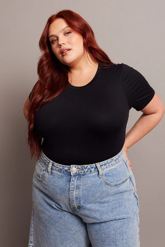 Black Bodysuit Short Sleeve Crew Neck Supersoft