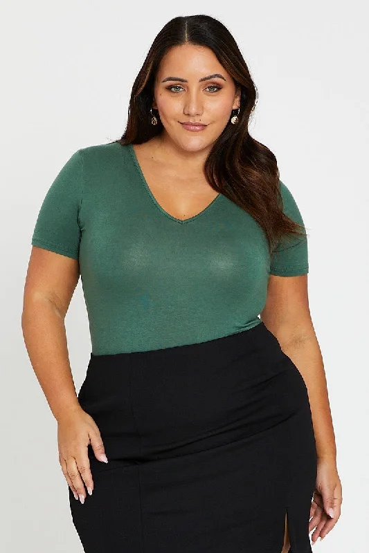 Green Long Sleeve V-neck Bodysuit