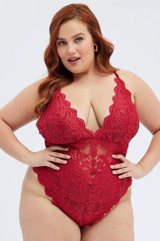 Red Lace One Piece Bodysuit