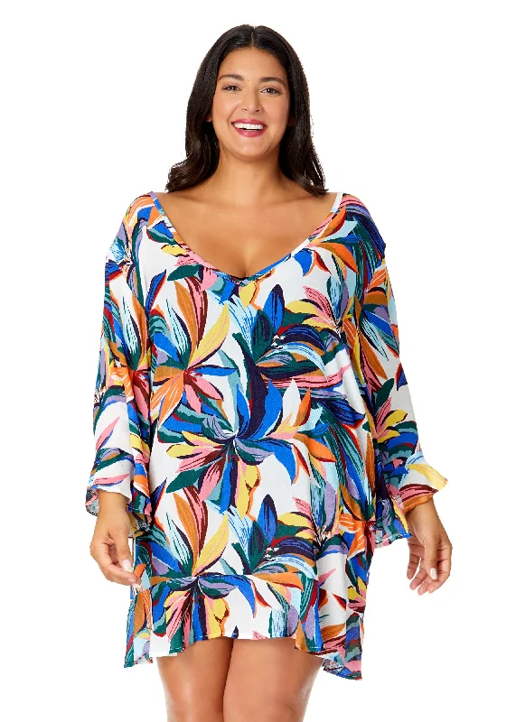 Women's Plus Riviera Floral Flounce V Neck Tunic Swimsuit Cover Up