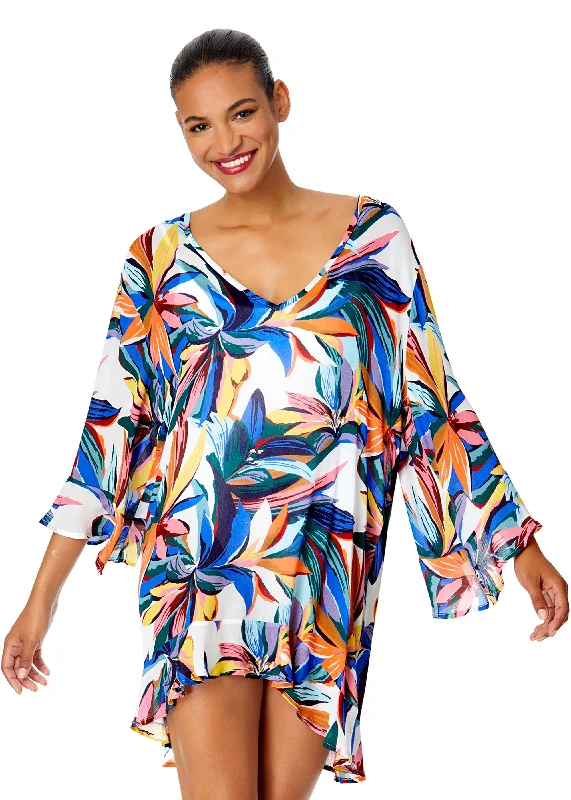 Women's Riviera Floral Flounce V Neck Tunic Swimsuit Cover Up